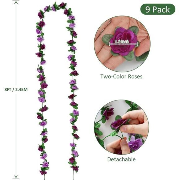 9 Pack 72 FT Artificial Flower Garland, Fake Purple Roses Vines Silk Flowers - Picture 3 of 7